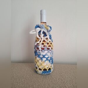 Handcrafted Blue Yellow White Crochet Wine Bottle Cover